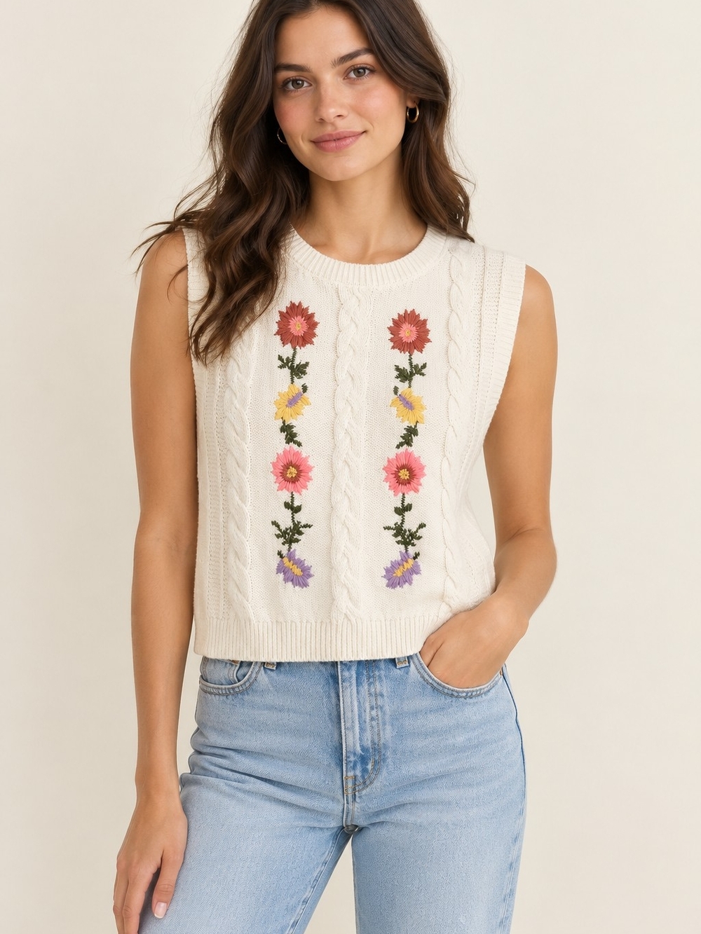 WILLOW & Wind Sz M White Floral Embroidered Cable Knit Vest Boho Cottagecore